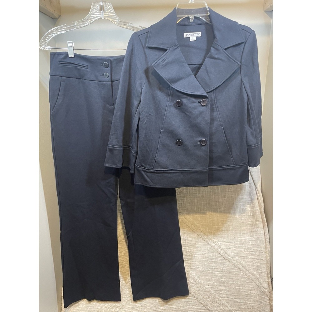 Pendleton Matte Black Double breasted Suit Set Jacket And Wide Leg Pants Women 6